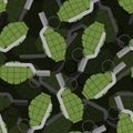 Hand grenade 3D seamless pattern. Bomb, Explosive background.