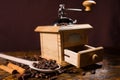 Hand Grinder and Wood Spoon with Coffee Beans Royalty Free Stock Photo