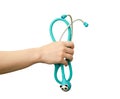 Hand grip green child stethoscope isolated on white