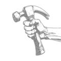 Black and white vector style illustration of a Hand gripping a claw hammer Royalty Free Stock Photo