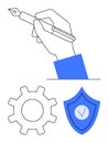 Hand Holding Pen, Gear, and Shield with Checkmark Representing Creativity, Operation, and Security Royalty Free Stock Photo