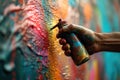 A hand gripping a vibrant aerosol can, spraying colorful paint onto a wall. The bright colors and artistic expression Royalty Free Stock Photo