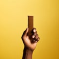 Bold Colorism: A Vibrant Hand Holding A Chocolate Bar On A Yellow Background