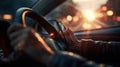 Driver Using Smartphone While Steering Vehicle During Sunset in an Urban Setting Royalty Free Stock Photo