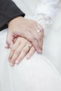 hand of groom and bride warming holding with wedding daimond ring