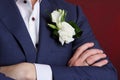 The hand of the groom with a ring and a buttonhole on the blue suit