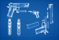 Hand gun metallic blueprint illustration