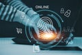 Hand Hacker touch laptop or smartphone and Touching in graph Screen code of a media screen on the White background, Technology Pro