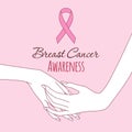 Hand in hand support. Breast cancer awareness pink ribbon, vector illustration Royalty Free Stock Photo