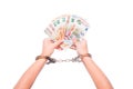 Hand in handcuffs hold euro banknotes. Financial debts to bank. Payments of taxes, cash money. Royalty Free Stock Photo