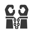 Hand with handcuffs, police related solid icon