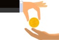 Hand Handing Coin To The Limp Hand of Another Person (Isolated)