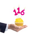 Hand handing a cupcake with a number 116 candle - Birthday on a white background Royalty Free Stock Photo
