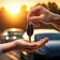 hand handing over car key, AI generated Royalty Free Stock Photo