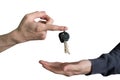 Hand handing over car keys with finger and hand receiving Royalty Free Stock Photo