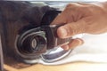 Hand on handle Close up of man hand opening car door Royalty Free Stock Photo