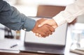 Hand, handshake and partnership for deal, agreement or greeting in b2b, unity or trust at office. Business people Royalty Free Stock Photo