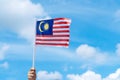 Hand happily waving Malaysia flag against blue sky