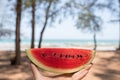 A hand having red watermelon by the sea in sunny day.