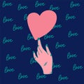 Hand with heart. Doodle lettering texture. Mint letters of the inscription Love. Cute background with hand on Valentine