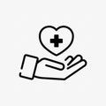 Hand with heart icon in black. Charity concept. Vector on isolated transparent background. EPS 10