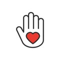 Hand with heart line icon. Love relationship peace charity volunteer help care protection support theme. Peace sign and Royalty Free Stock Photo