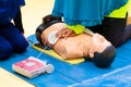 Hand Heart pump with medical dummy on CPR, in emergency refresher training to assist of physician