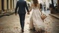 Hand in Hand, Heart to Heart. The Bride and Groom Embark on a Romantic Stroll Through the City Streets. Generative AI Royalty Free Stock Photo