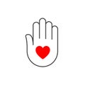 Hand with heart vector outline icon, help care concept, palm logo symbol, flat design isolated on white