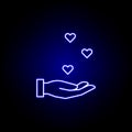 hand hearts friendship outline blue neon icon. Elements of friendship line icon. Signs, symbols and vectors can be used for web,