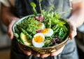 hand held image of someone holding a bowl of greens, eggs