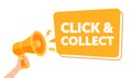 Hand Held Orange Megaphone Announcing Click Collect Service Vector Illustration