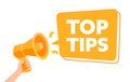 Hand Held Orange Megaphone Announcing Top Tips in a Speech Bubble Vector Illustration