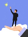 Hand helps a businessman reach out for the stars. Business helping, partneship concept vector illustration. Business