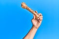 Hand of hispanic man holding dog bone over isolated blue background Royalty Free Stock Photo