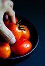 Hand hoilding Fresh red tomato in wooden cup healthy food and vegetable concept