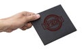 Hand hold black document envelope stamped top secret icon isolated on white background with clipping path Royalty Free Stock Photo