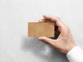 Hand hold blank plain kraft business card design mockup.