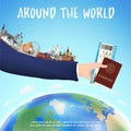 Hand hold boarding pass passport and world landmark Royalty Free Stock Photo