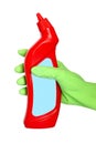 Hand hold the bottle. Cleaning equipment