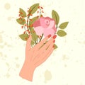 Hand hold bouquet with pink rose, branch with leaves, berrys bunch.