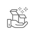 Hand hold box, delivery, gift, parcel line icon.