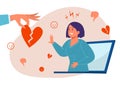 Hand hold broken heart, woman character from laptop computer under stress online harassment bullying flat illustration