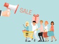 Hand hold bullhorn sale offer advertisement, group people character shopping concept clearance sale isolated on blue