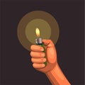 Hand hold burning lighter in the dark. concept in realistic cartoon illustration vector Royalty Free Stock Photo