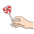 Hand hold candy Lollipop in the shape of a heart dessert sweetness. vector