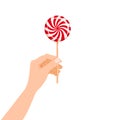Hand hold candy Lollipop striped dessert sweetness. Vector illustration isolated cartoon style