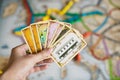 Hand hold cards of Ticket to ride game. Royalty Free Stock Photo