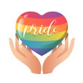 Hand hold care pride text on rainbow heart sign vector design