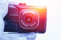 Hand hold CCTV Video recording, camera camcoder Royalty Free Stock Photo